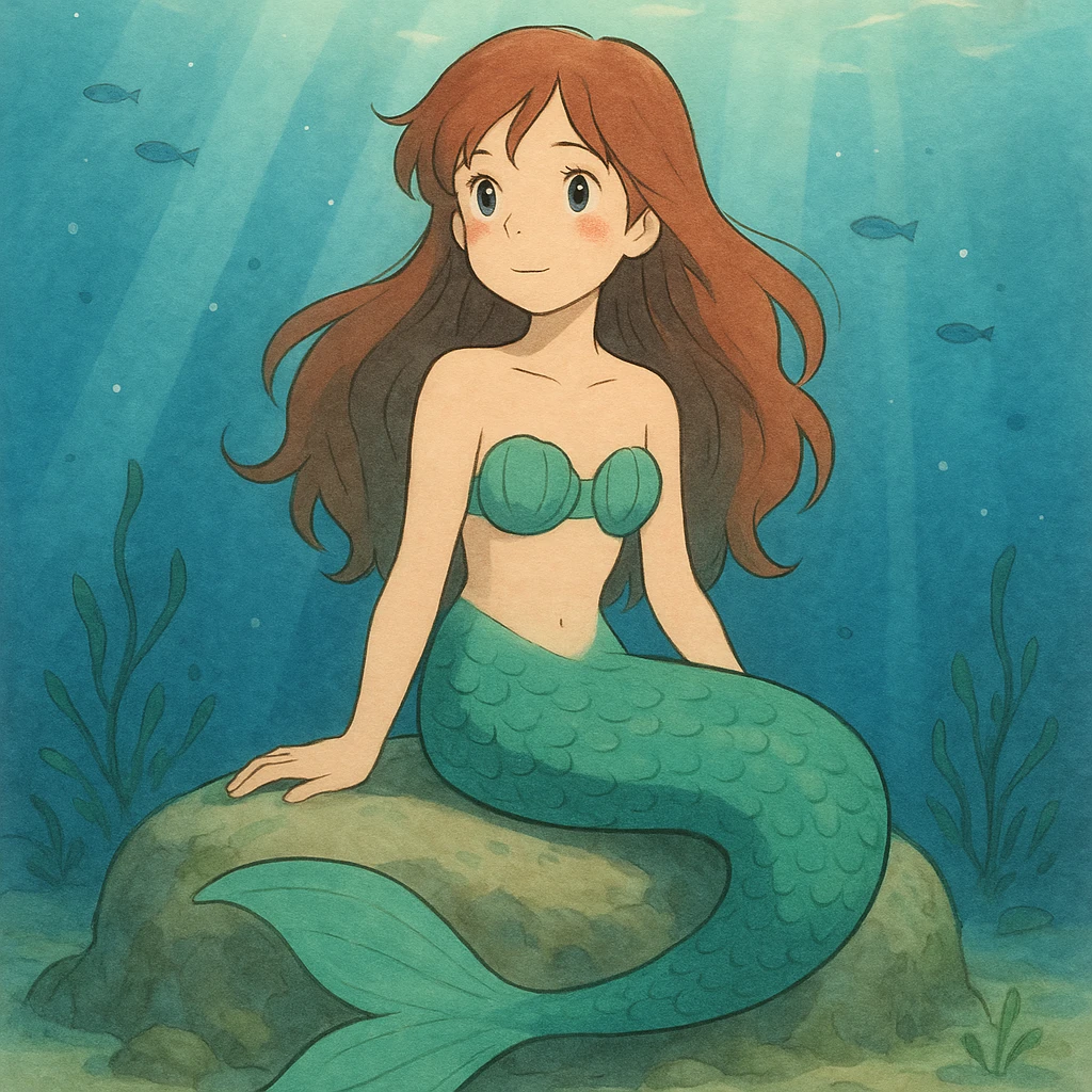 mermaid sitting on a rock underwater, soft lighting, ghibli style emoji
