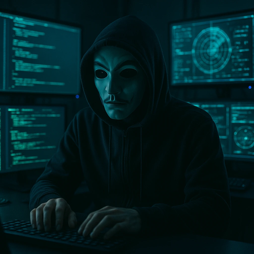 a masked hacker at a computer, glowing screens emoji