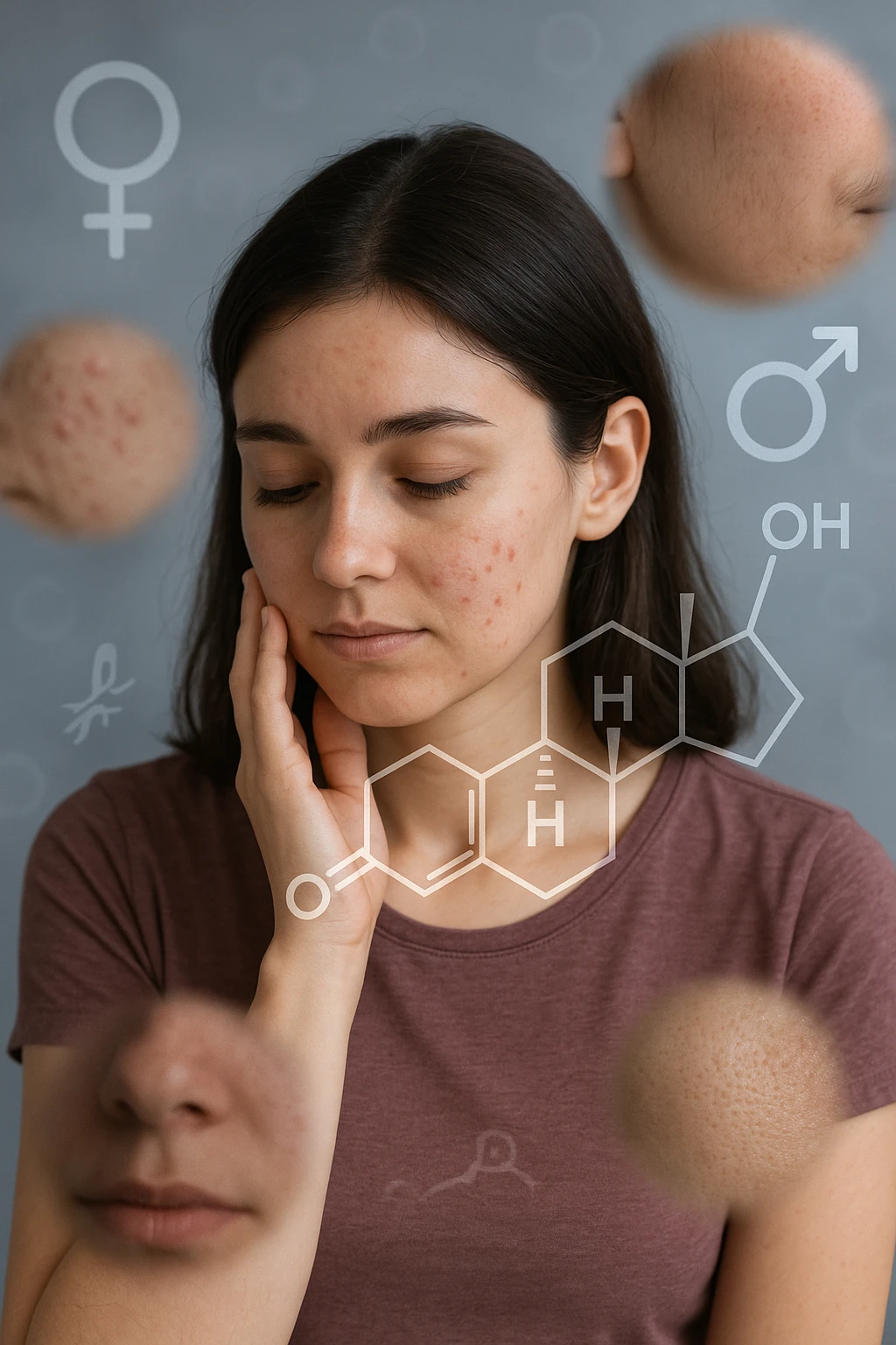 A young woman is surrounded by faint overlays of hormonal symbols and androgen molecules, with shadowy images of acne, facial hair, and oily skin projected around her, symbolizing the symptoms of PCOS with androgen excess. She looks down, gently touching her face with a resigned but hopeful expression, symbolizing her journey toward managing these symptoms. in italiano emoji
