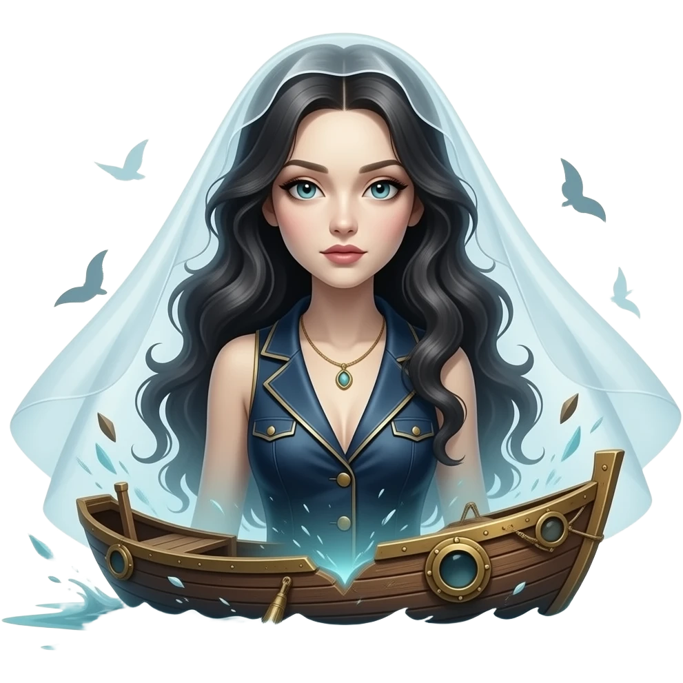 steampunk - a broken boat with a terrifying female apparition around which a transparent veil flutters hovers emoji