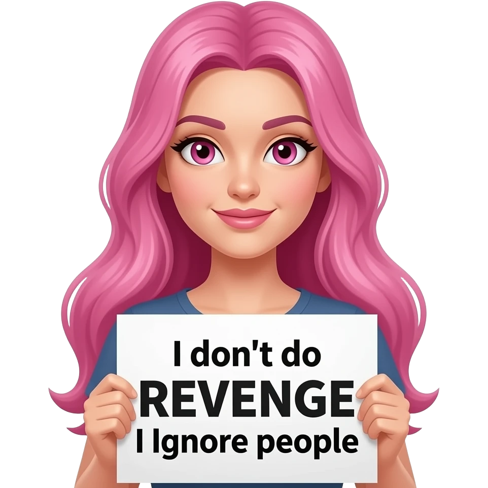 sexy girl with long pink hair and pink eyes holding a I don't do REVENGE I Ignore people sign emoji