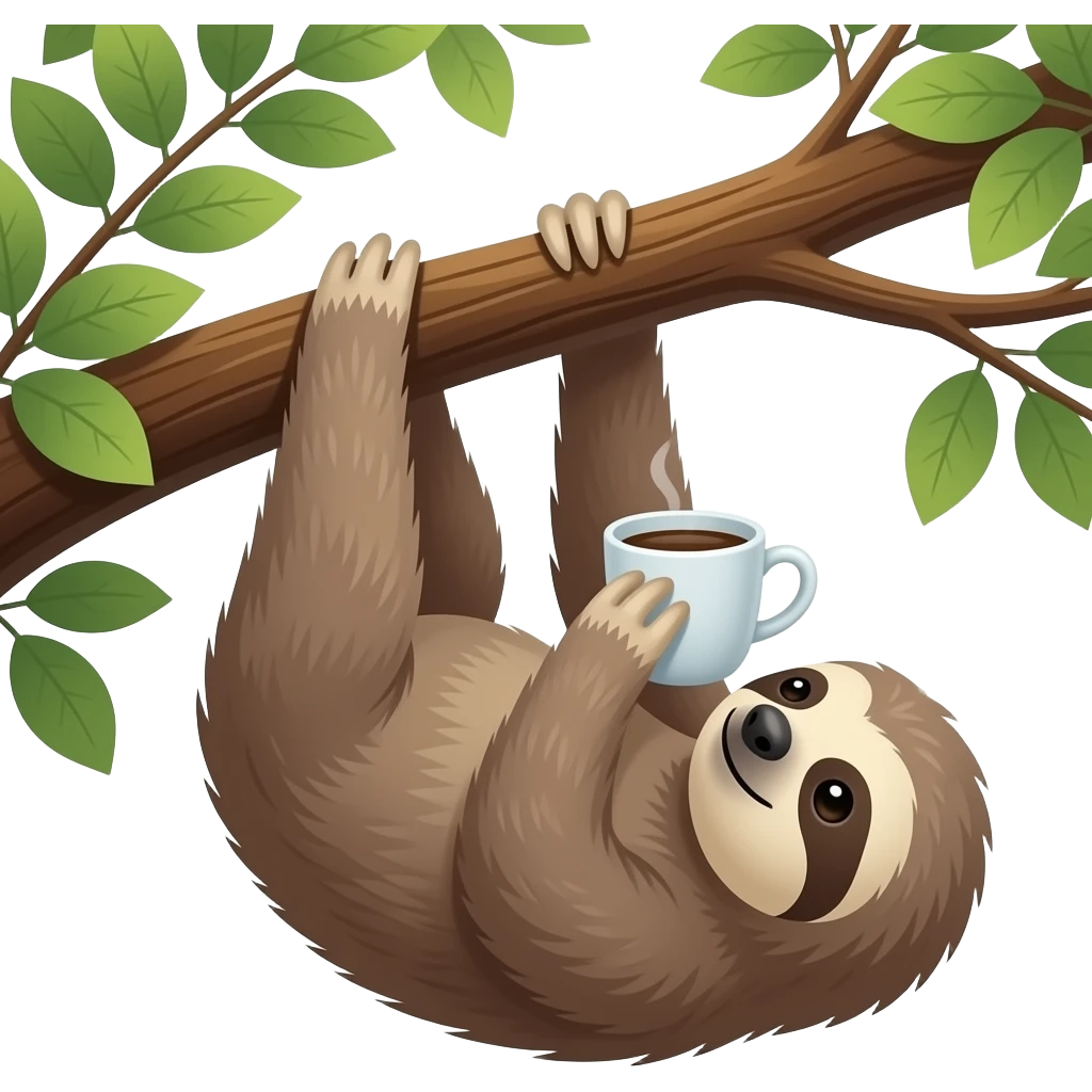 sloth drink coffee on the tree upside down hanging from a tree emoji