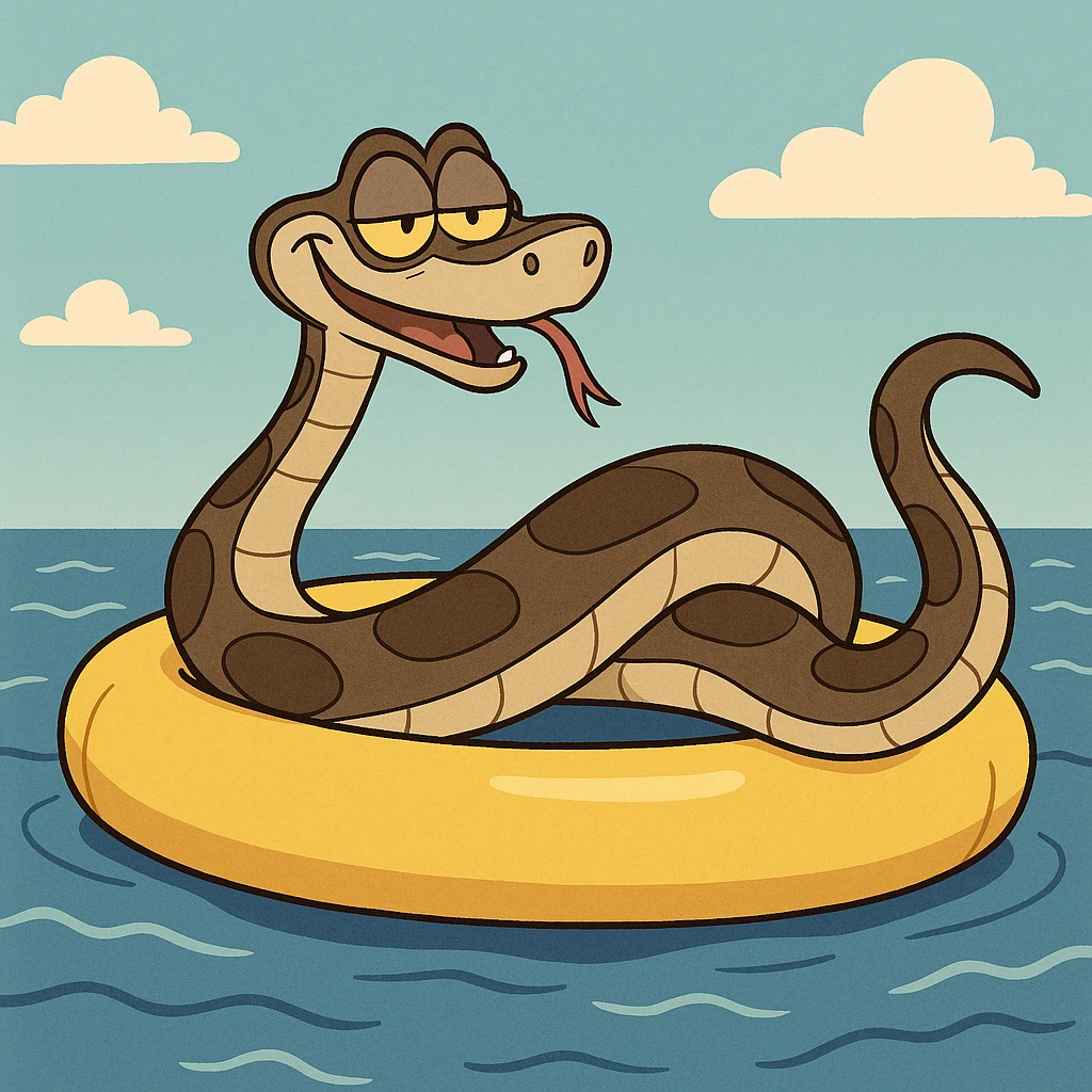 Kaa the snake from The Jungle Book floating on an inflatable pool float in the ocean, cartoon style emoji
