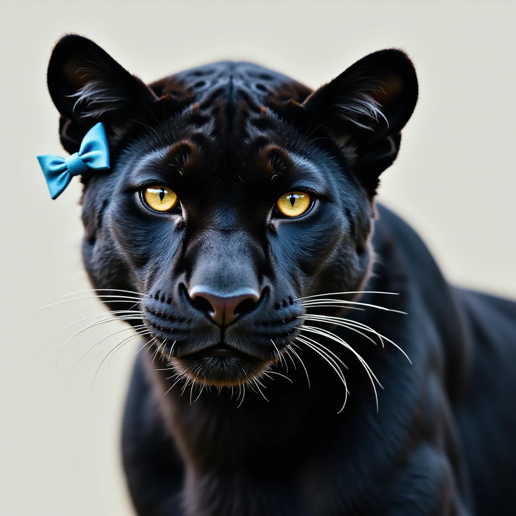 black panther with spots and a blue bow on its ear, realistic style emoji