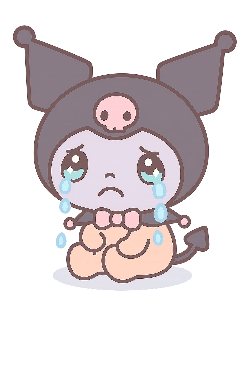 Kuromi crying, kawaii style, transparent background, sitting on the floor emoji