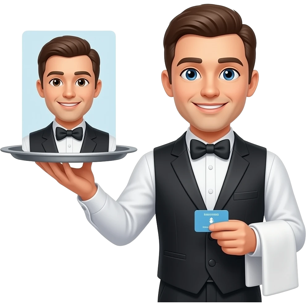 Garson emojisi elinde tepsi ve yaka kartı olsun emoji