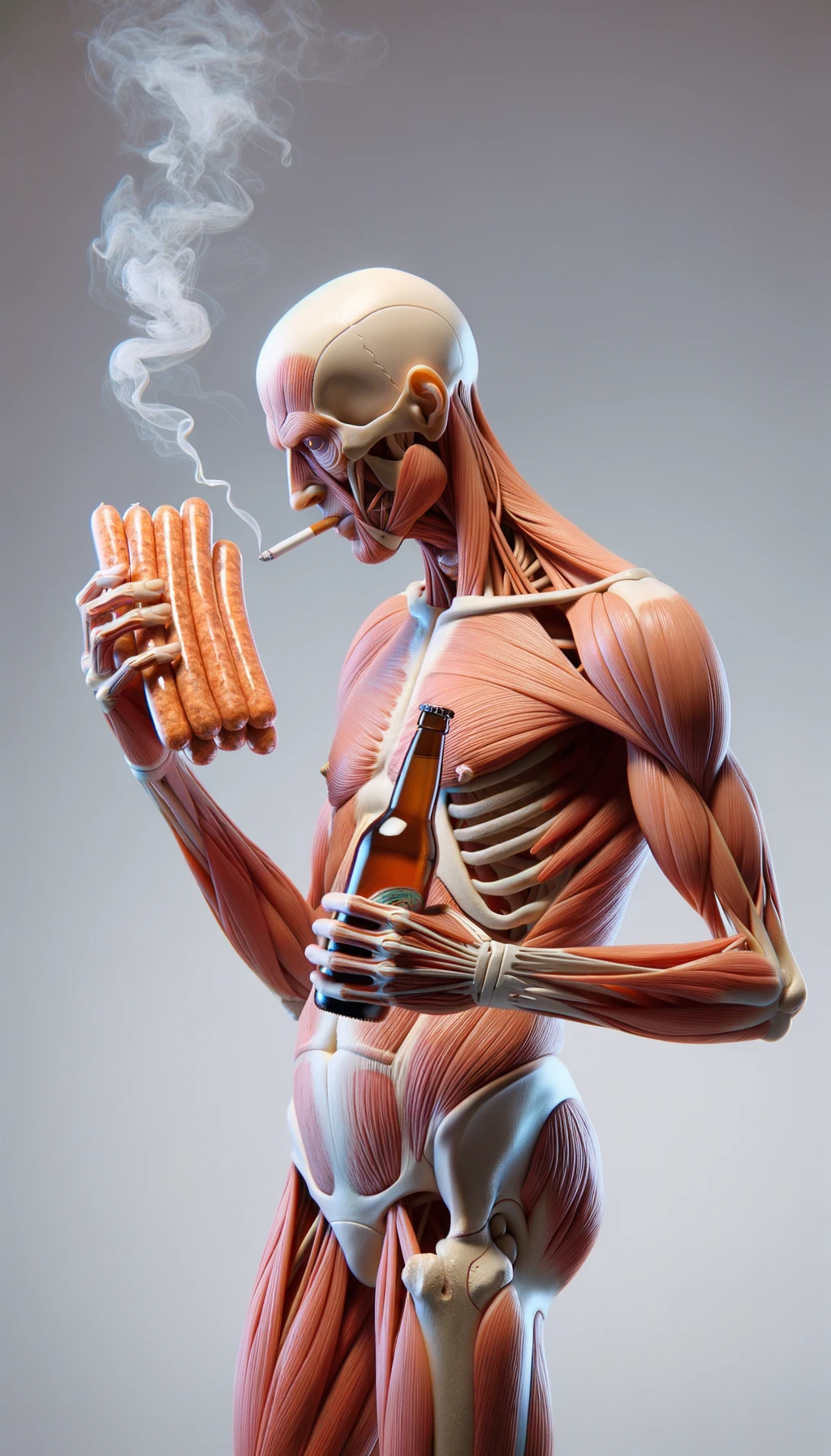 CORPO UMANO ANATOMICO TIENE UNA SIGARETTA IN BOCCA E STA FUMANDO MENTRE TIENE TRA LE BRACCIA UNA BIRRA E WURSTEL CONFEZIONATI, LI GUARDA CON ESPRESSIONE INDECISA IN VOLTO, NEUTRAL CLEAR BACKGROUND, iperrealistico 4k emoji