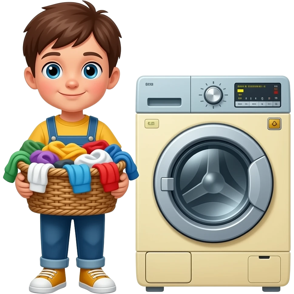 a kid with a basket full of dirty clothes and next to the washing machine emoji