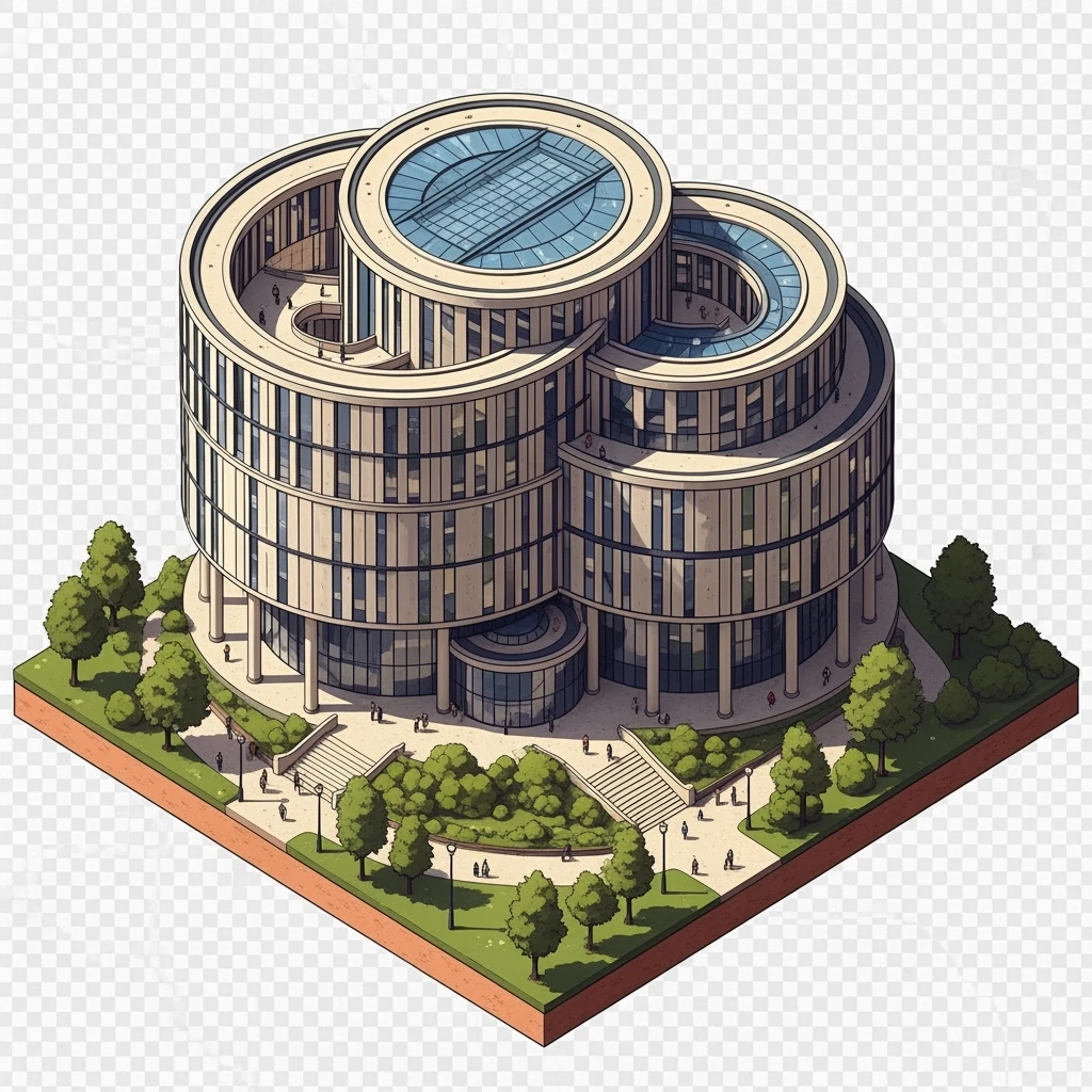 Isometric illustration of photorealistic Birmingham library highly detailed in semi-realistic, 3D miniature effect, transparent background. emoji