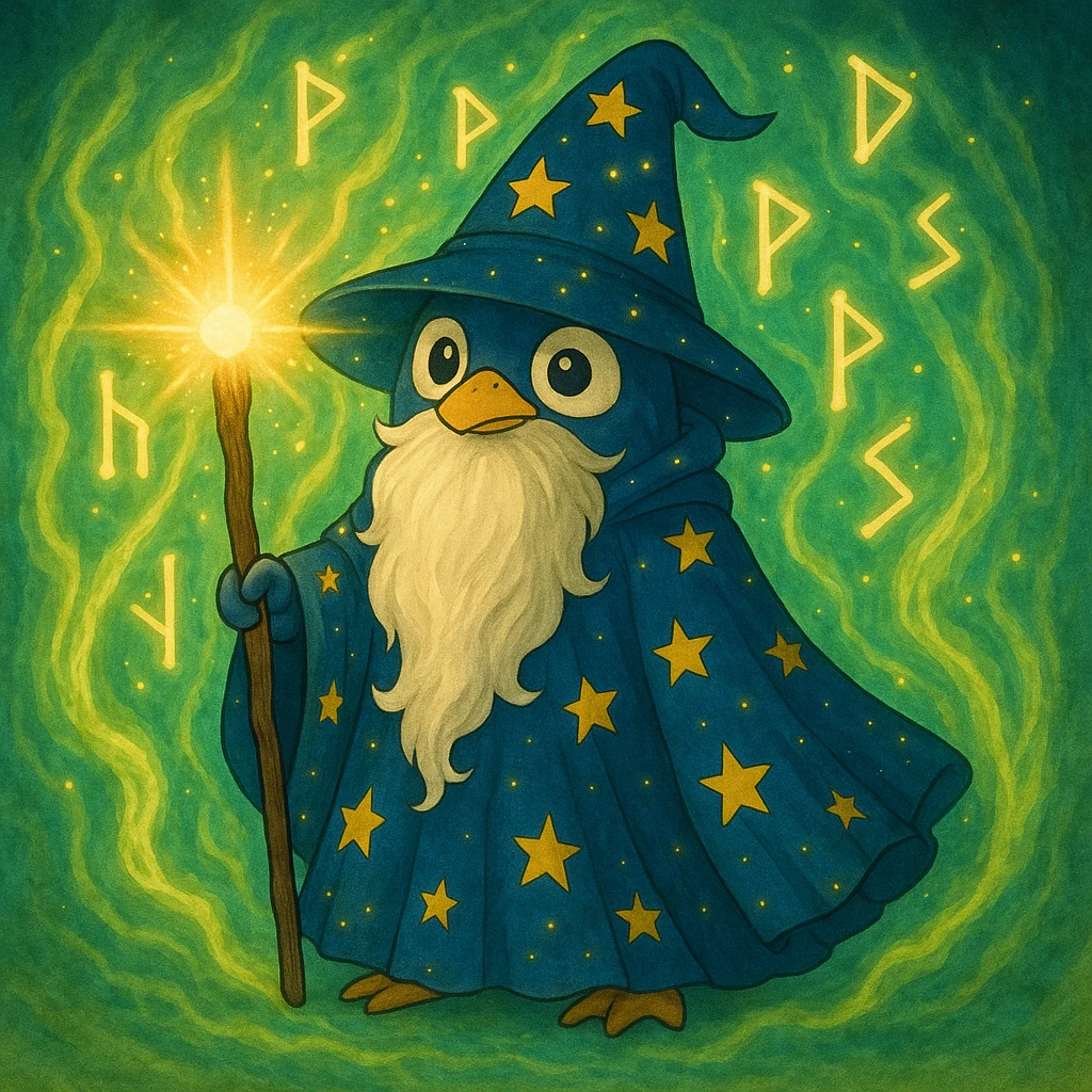 Make the penguin wizard more magical by intensifying the magical aura, adding floating runes, sparkling particles, and a glowing staff tip, in a fantasy illustration style. emoji