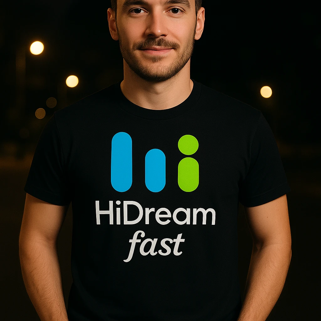 man wearing tshirt with this logo, dark night background with dim , add fast below logo emoji