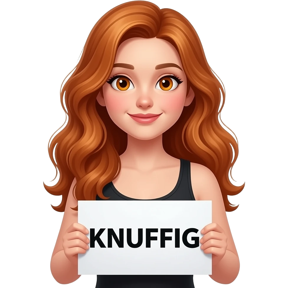 sexy girl with long wavy ginger hair and ginger eyes wearing a black tanktop is holding a white sign with KNUFFIG written on it emoji