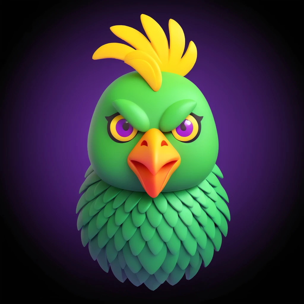 3D cartoon emoji of a chicken-alien hybrid with a geometric green head, off-center chicken comb, three luminous yellow eyes, metallic beak, jagged purple scales for feathers, toxic green background, sharp lines, strong contrast emoji
