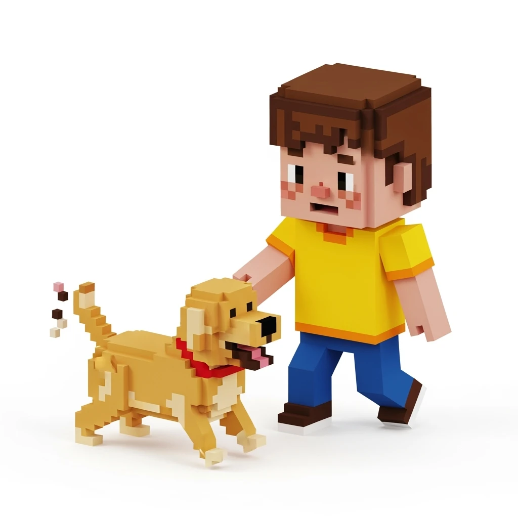 kid and his pet dog in 3d voxel style , white bacground emoji