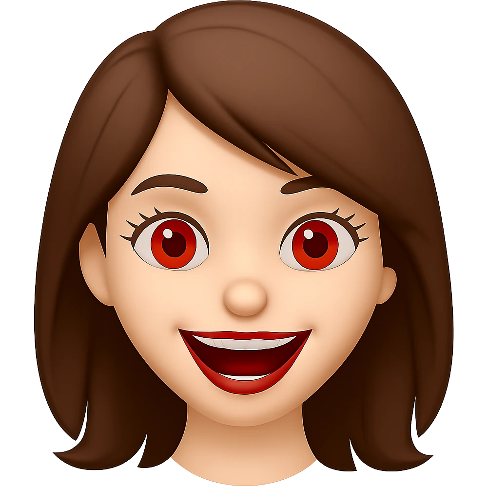 Change hair color to brown, keep white girl with red eyes, cute but scary face laughing, in emoji style similar to apple style emojis, concise prompt. emoji