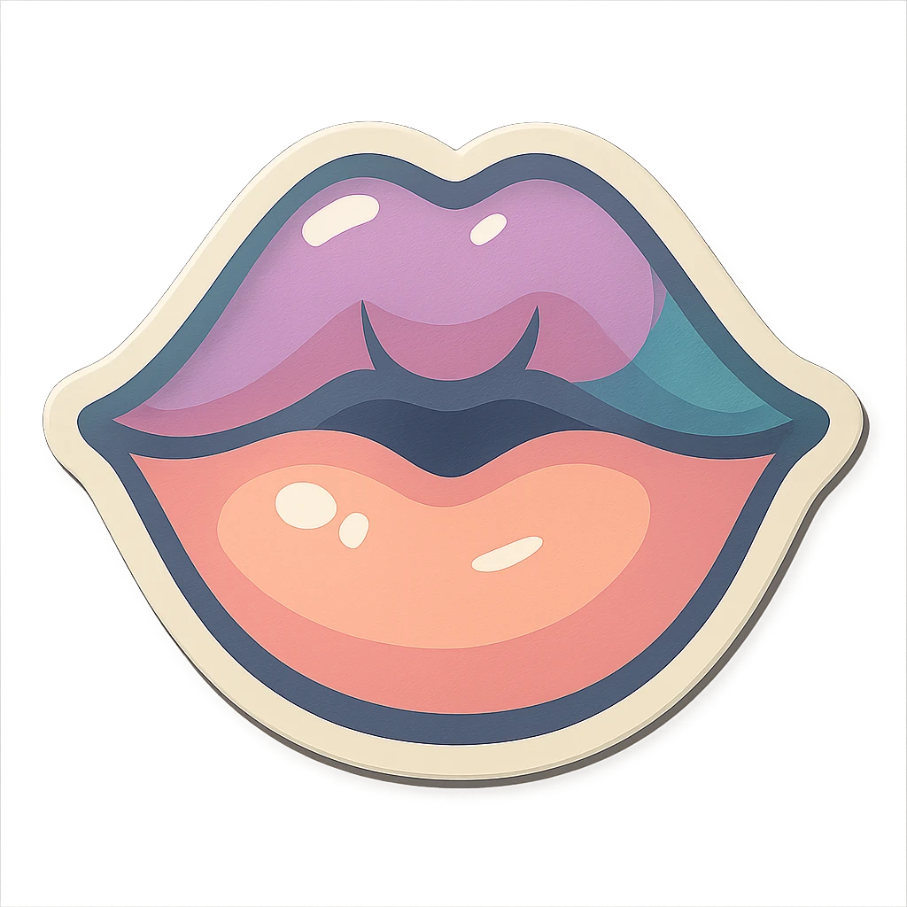 lips with a slight smile kissing the screen as if kissing the viewer, retro stickers style, thin clean contours, soft rounded shapes, pastel palette #98B5BC, #B5B3C1, #C9A3C9, #E4C0CA, #F7DCD1, #F7C0AA, detailed shadows and highlights, soft lighting, transparent background, no decorative elements emoji
