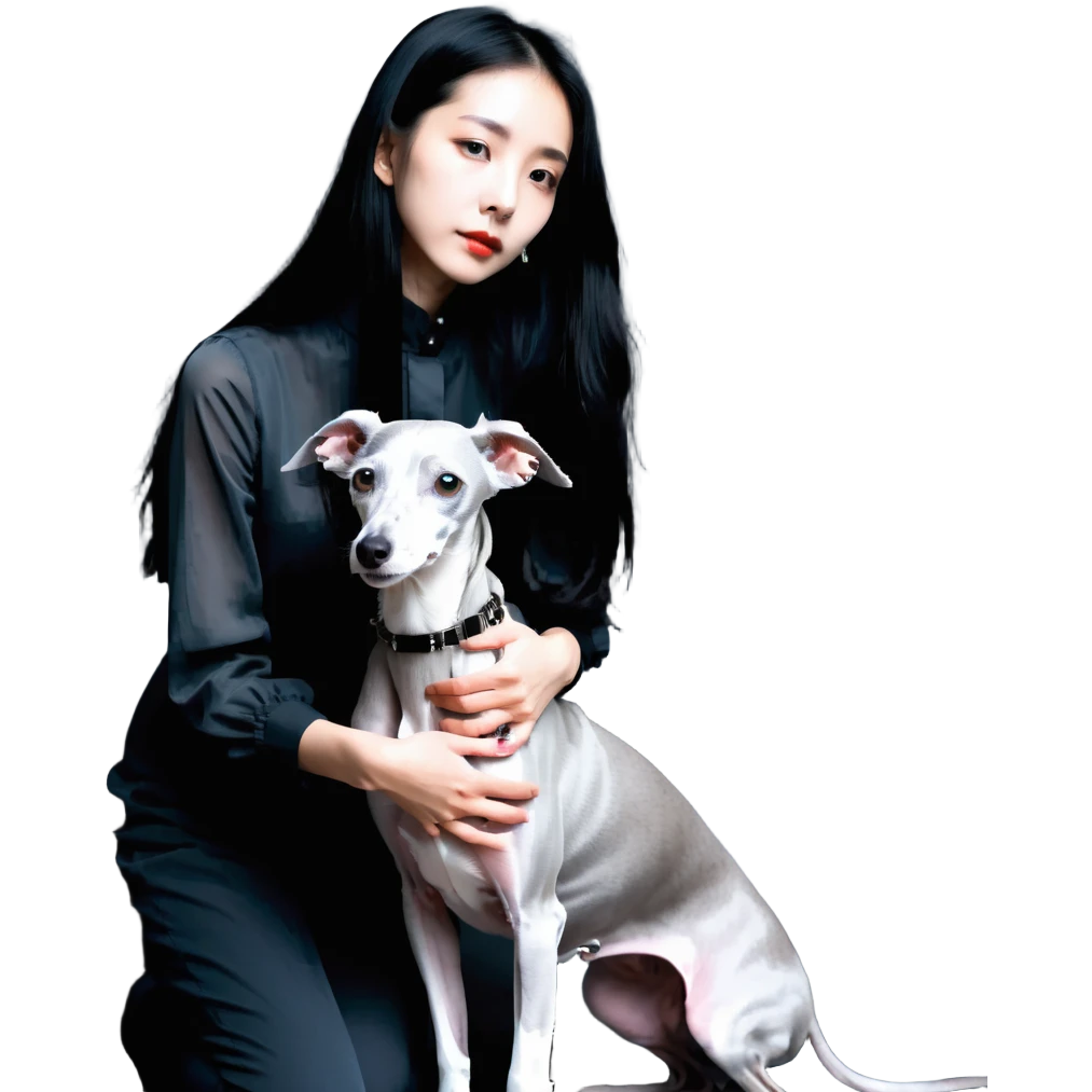 Slim Chinese girl with long black hair petting completely solid grey Italian greyhound with absolutely no white markings anywhere emoji