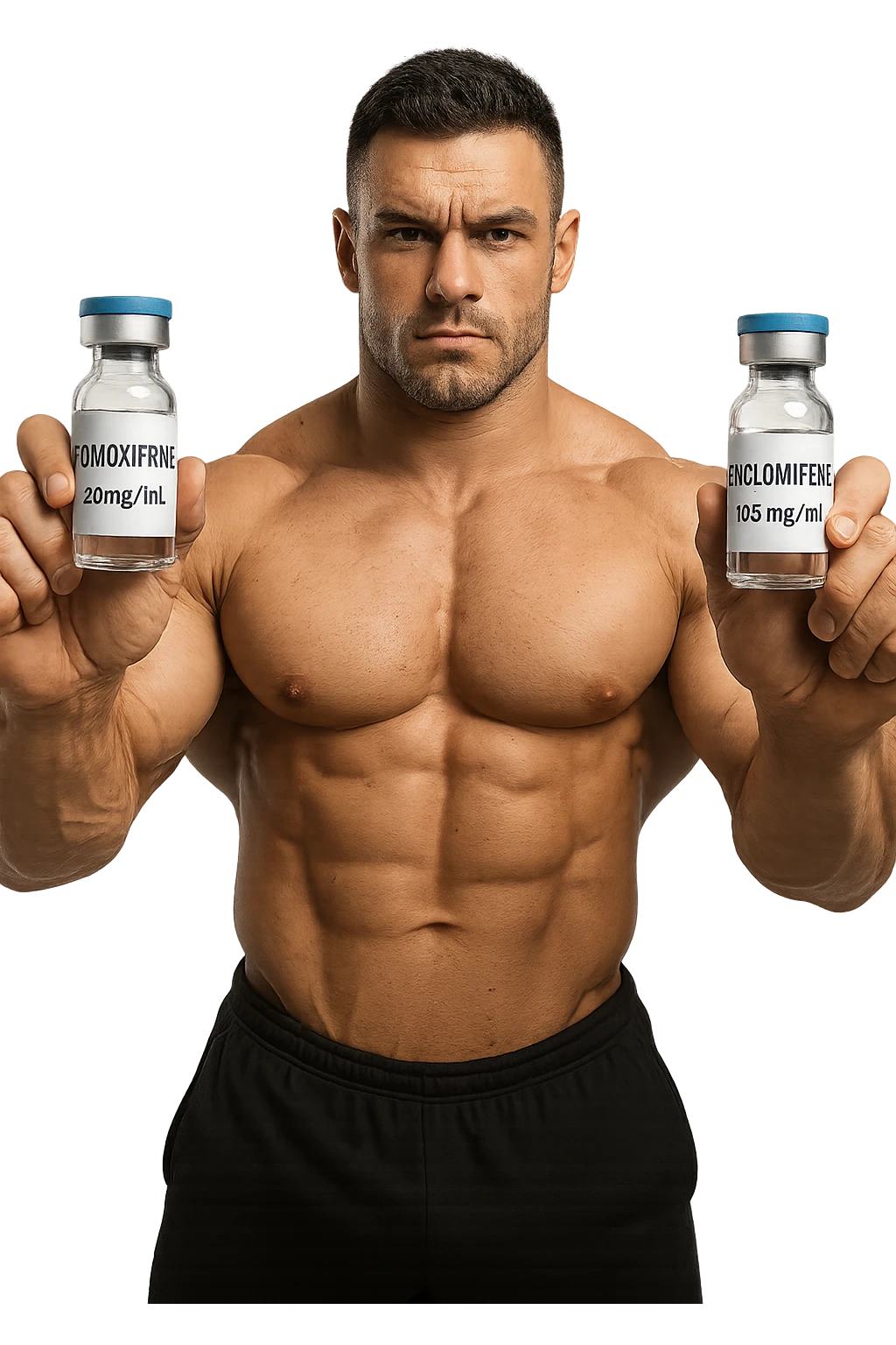 bodybuilder tiene una fiala medica con la scritta "TAMOXIF€NE" NELLA MANO DESTRA E UNA FIALA CON LA SCRITTA €NCL*MIFENE" NELLA MANO SINISTRA emoji