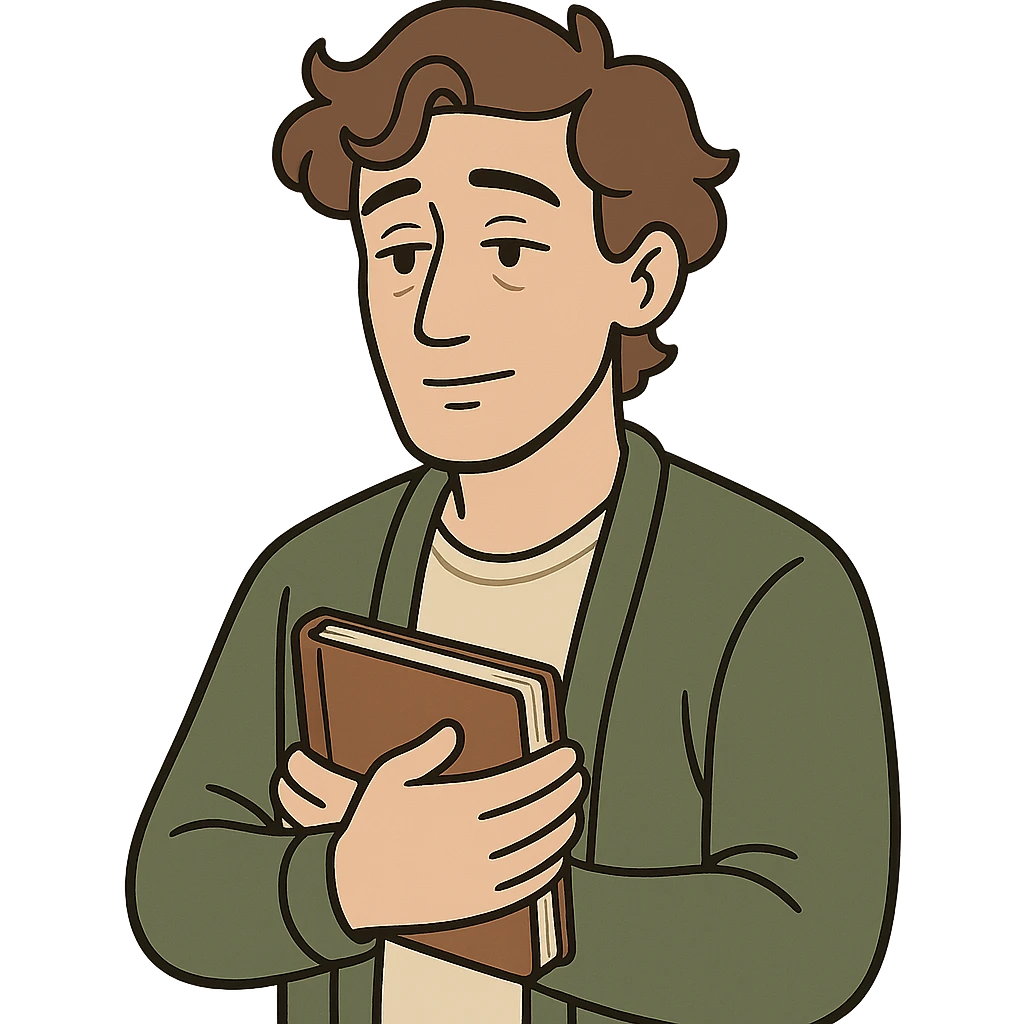 Calm and thoughtful male confidant, fair skin, soft wavy brown hair, gentle eyes, wearing a green cardigan over a light shirt, holding an open journal close to chest, waist-up, front-facing, pure background emoji