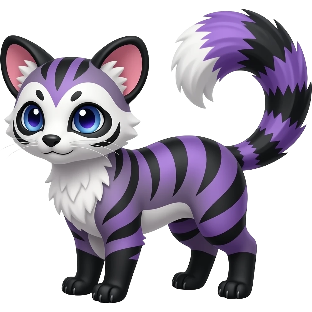 Cool colorful tiger-stripe-marked smooth silky furry beautiful realistic wild indigo and violet-purple and black and white Civet-Mankeulv-Genet-Vernid-Fakémon-hybrid emoji
