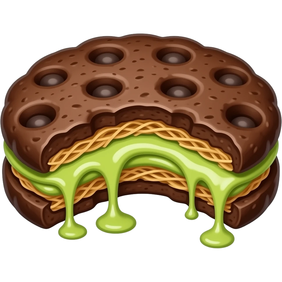 a thick, chewy chocolate cookie with a bite taken out. The cross-section reveals a gooey, stretchy inner layer and a vibrant green pistachio filling packed with crispy, thin golden kataifi threads. emoji