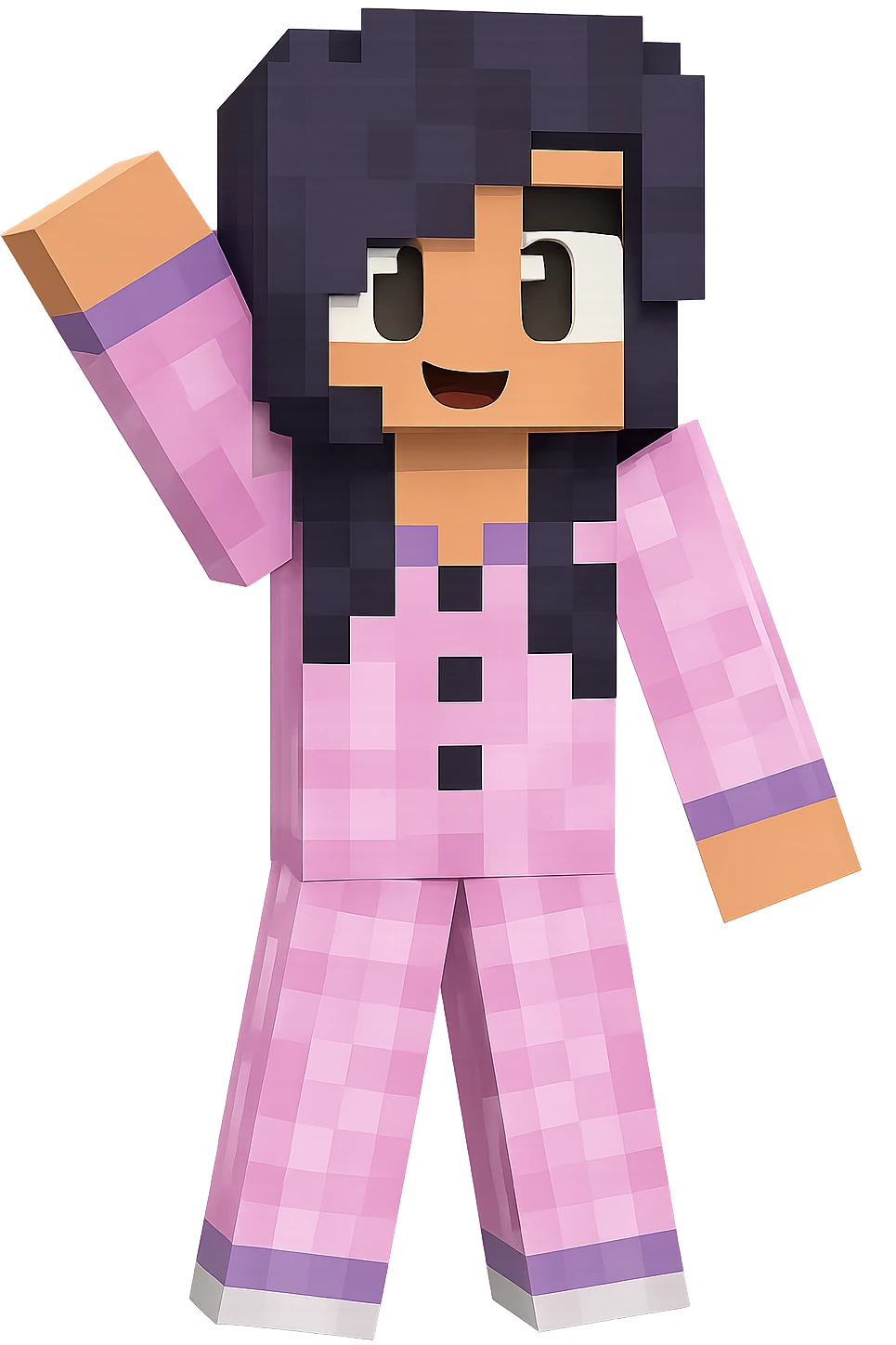 Extract only the middle character with purple hair and pink pajamas, keep the original Minecraft cartoon style and appearance, place on a transparent background. emoji