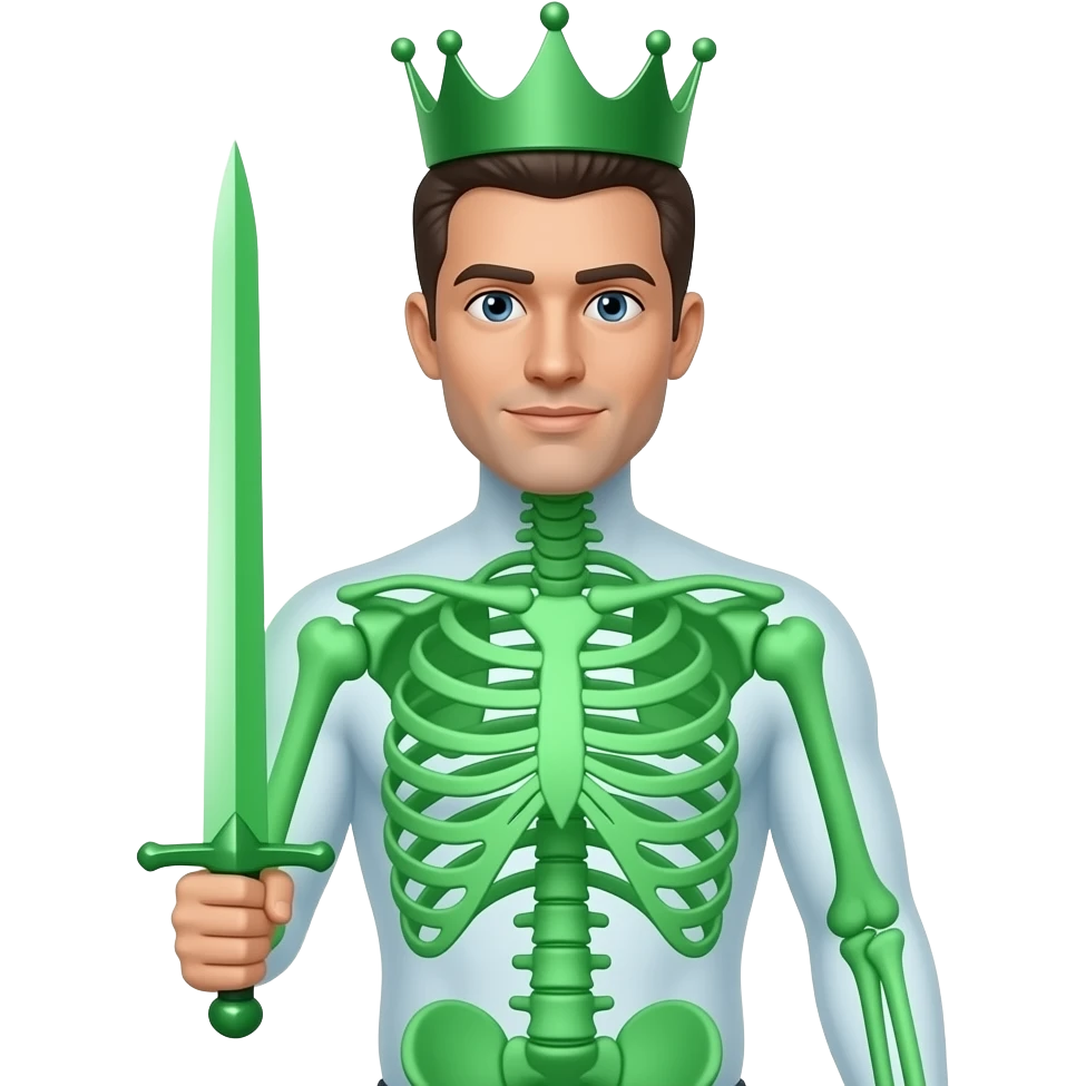 A man with a transparent torso that show green bones and he. Has a green crown and sword emoji