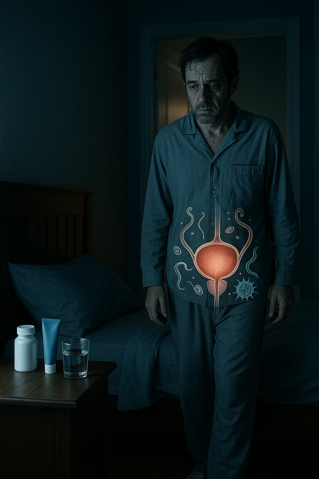 A cinematic night scene showing a man in his late 30s walking stanco verso il bagno in penombra, con la luce fioca che filtra da sotto la porta. Indossa abiti da notte sgualciti, ha un’espressione stanca e il volto scavato dalla mancanza di sonno. Sul comodino accanto al letto ci sono creme mediche, integratori e un bicchiere d’acqua. Una leggera sovrapposizione simbolica mostra, in trasparenza sul corpo, un’area anatomica maschile con presenza di microrganismi parassitari (raffigurati in stile medico-scientifico, non grottesco). Il contrasto visivo fa capire che la causa della nicturia è interna e nascosta, non visibile all’occhio umano. Illuminazione fredda, stile 35mm con profondità emotiva e sottile tensione clinica. emoji
