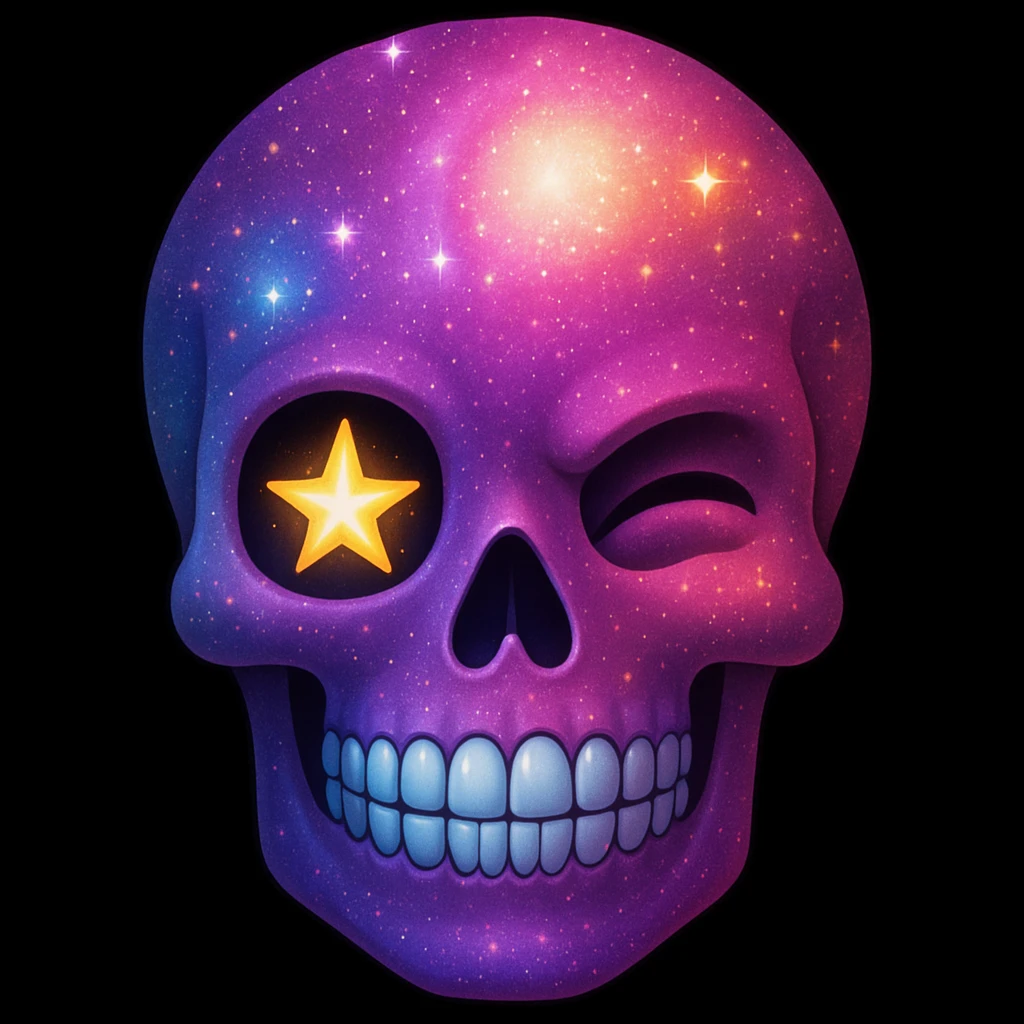 Edit the galaxy glitter skull to have a playful, cheeky wink with one eye socket squinting and a glowing star in the winking eye. Maintain the galaxy style and vibrant colors, emphasizing the glittery cosmic effect and vibrant hues. emoji