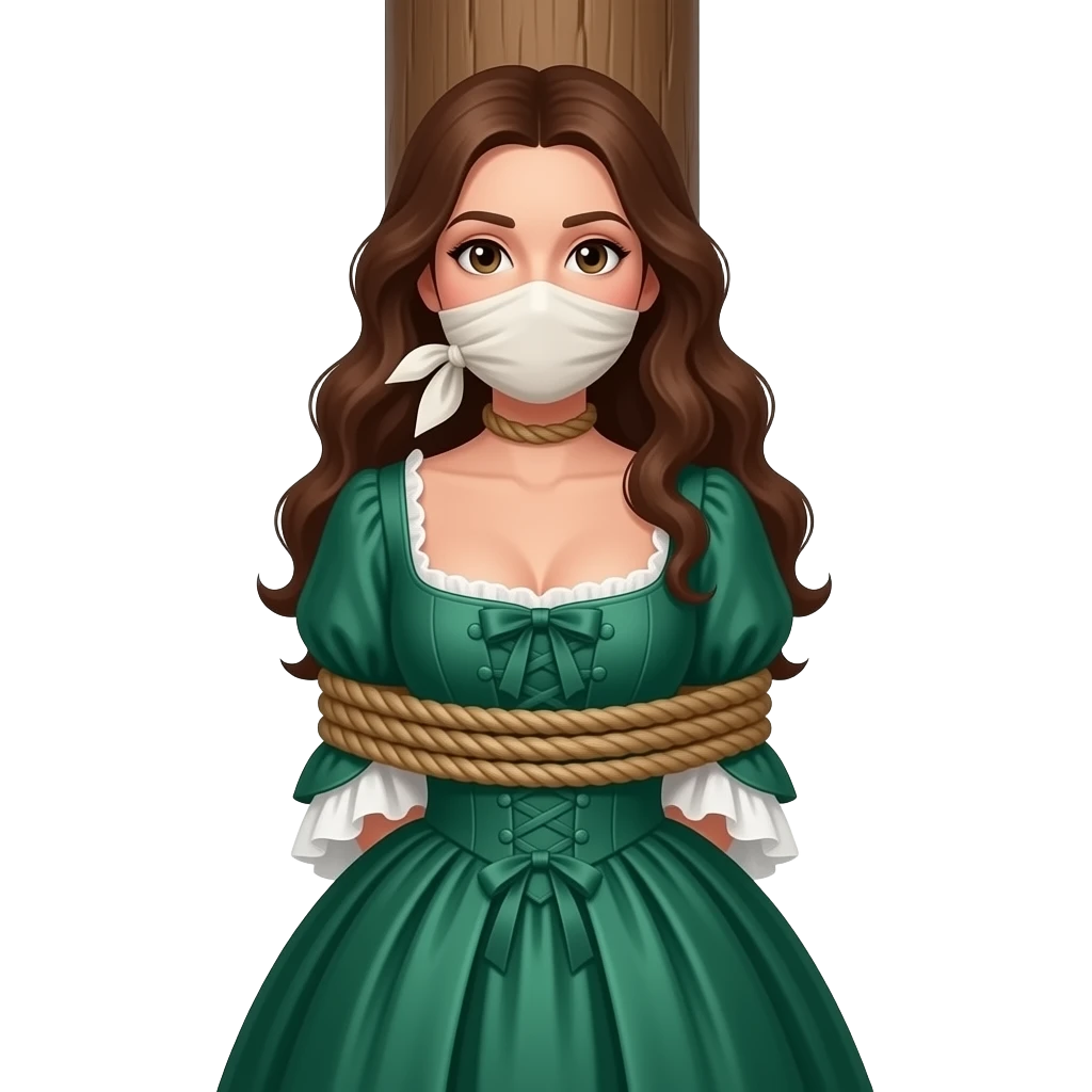 Brunette woman in emerald green 1770s gown with long flowing hair, ample bosom, gagged and bound to tall post, with rope tied just beneath bosom and rolled handkerchief tied around her mouth. No chains or facemask. emoji
