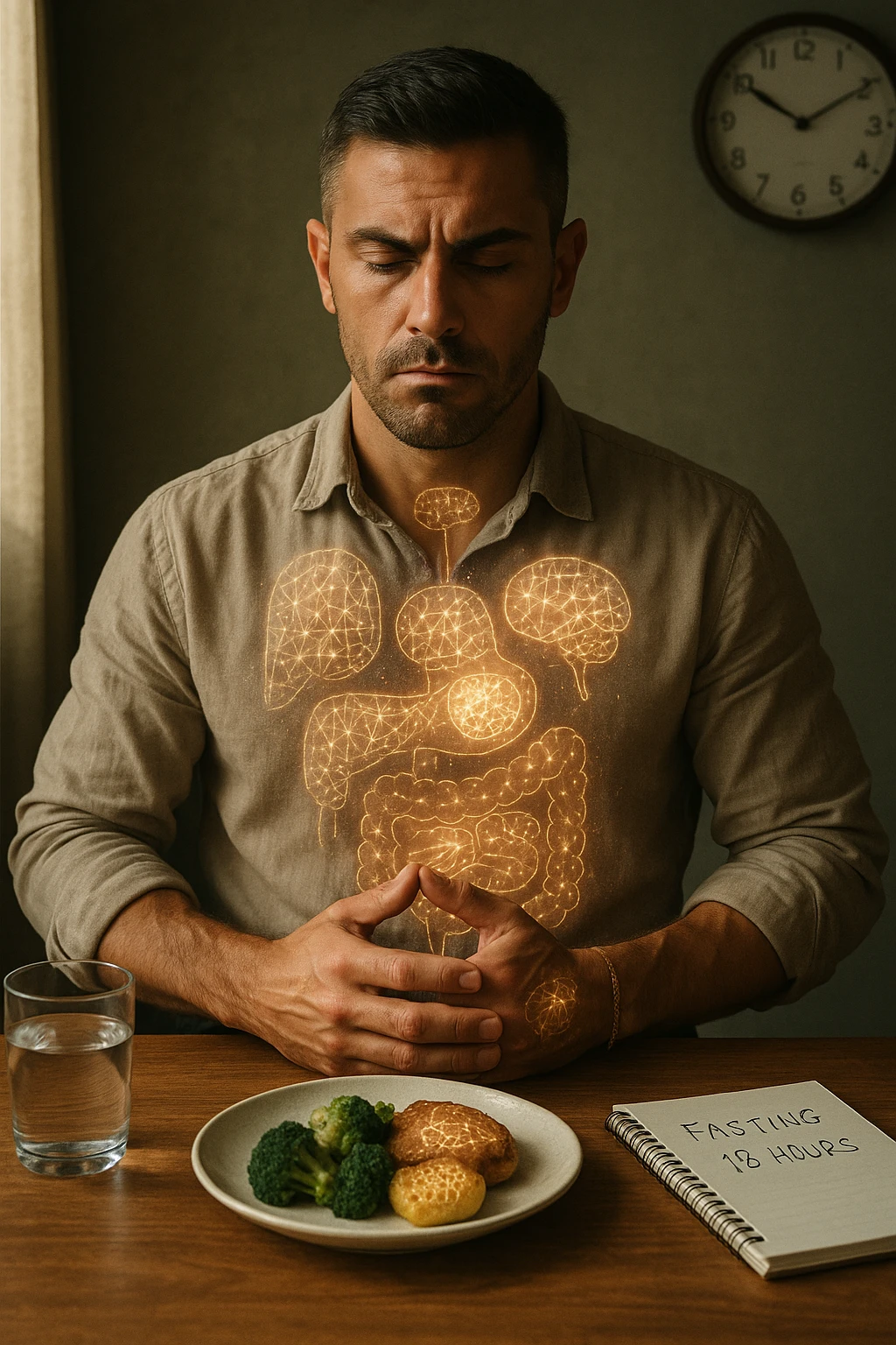 A cinematic close-up of a focused man in his mid-30s with slight beard and tired but determined eyes, sitting alone at a simple wooden table with an untouched plate of food in front of him. His hands are clasped, fingers interlocked in a meditative position over his lower abdomen, symbolizing willpower and internal balance. He wears a lightweight natural fiber shirt, sleeves rolled up. The lighting is soft and natural, early morning light coming from a nearby window. Around him, visual cues of cellular regeneration — faint glowing patterns subtly overlaying his body, especially near the liver, gut, and brain, suggesting autophagy and deep healing. The room is minimalist: a glass of water, a notebook with fasting hours, and a clock in the background ticking calmly. The tone is serene, intentional, and deeply introspective. Shot in 35mm cinematic style, warm highlights and clean shadows. emoji