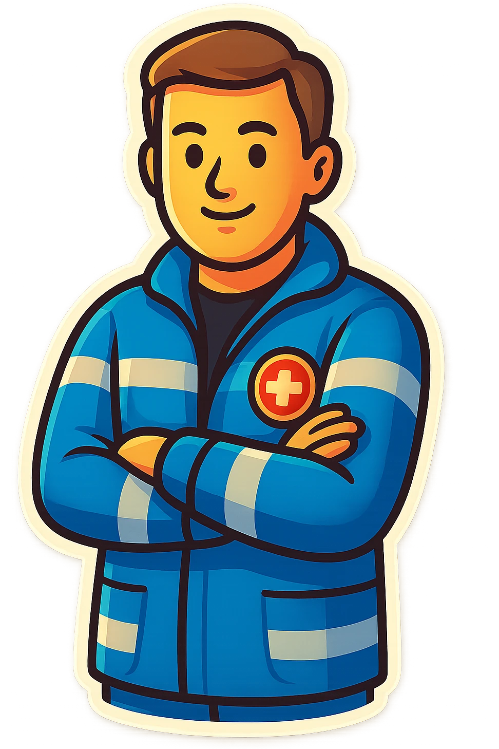 Create an illustrated emoji-style version of a male paramedic in a blue uniform, standing with arms crossed, with a simple background and a friendly expression. The style should be retro stickers emoji style, colorful and clear. emoji