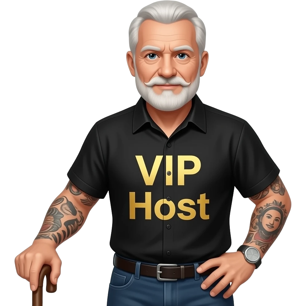 old elderly man with cane and tattoos on arm at stripclub with shirt that says vip host emoji