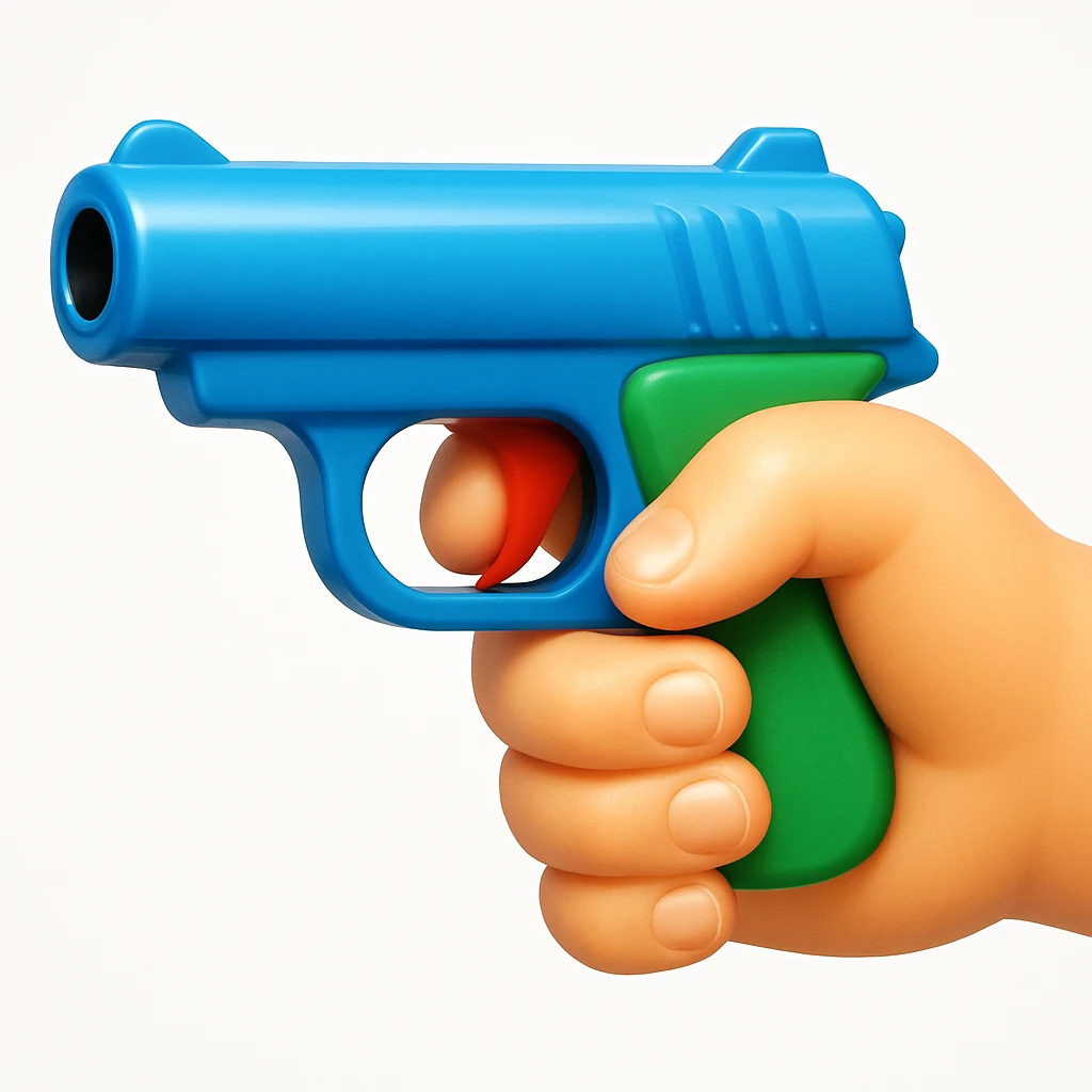 A 3D iOS emoji-style close-up of an index finger pulling a pistol's trigger, showing only the hand and the trigger area inside the trigger guard; stylized, non-realistic colour toy-pistol look, glossy Apple-style finish, clean white background.

 emoji