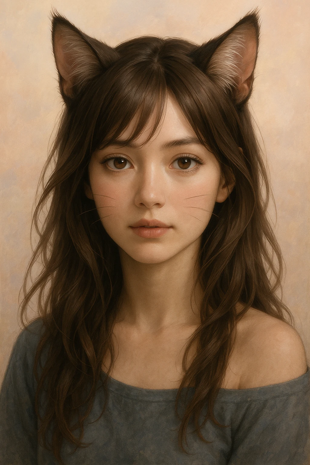 anime-inspired catgirl, realistic proportions, detailed hair, feline features, soft background emoji