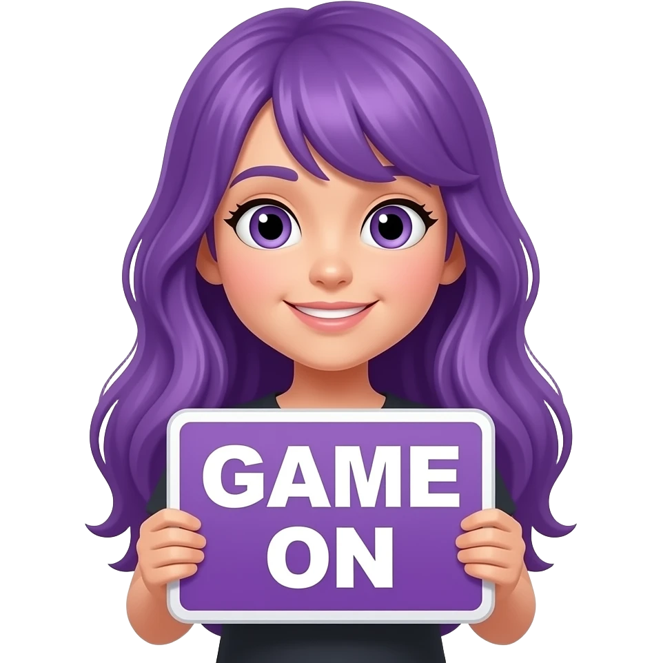 girl with long purple hair with a GAME ON sign emoji
