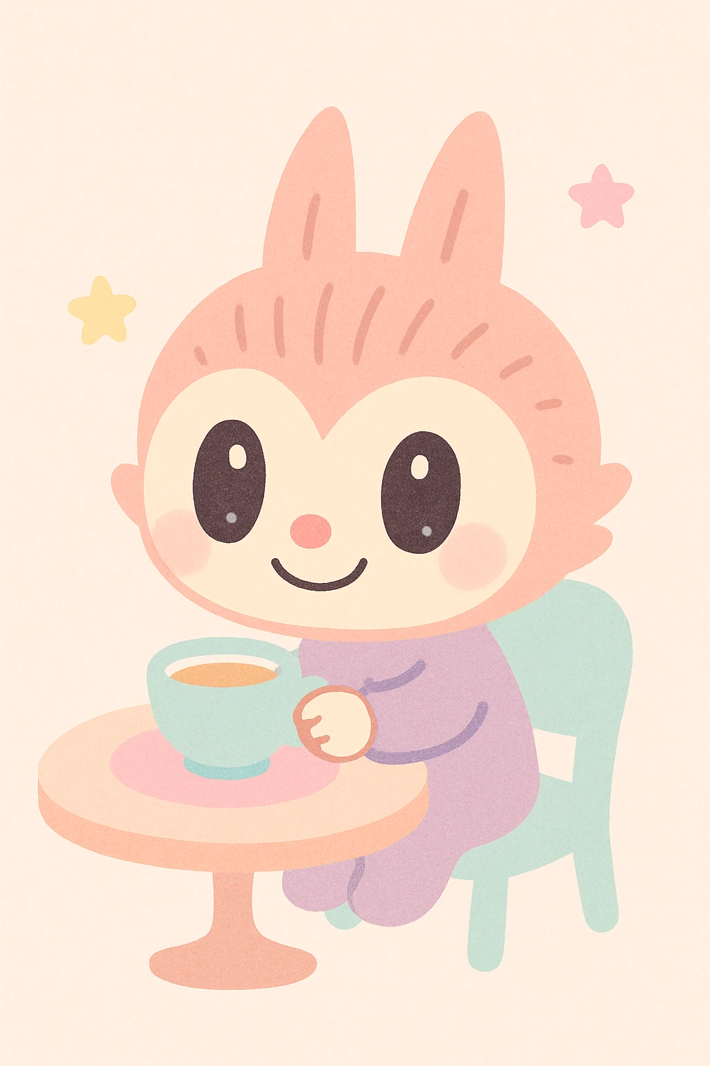 Labubu enjoying tea time, playful and charming, cute and whimsical style emoji