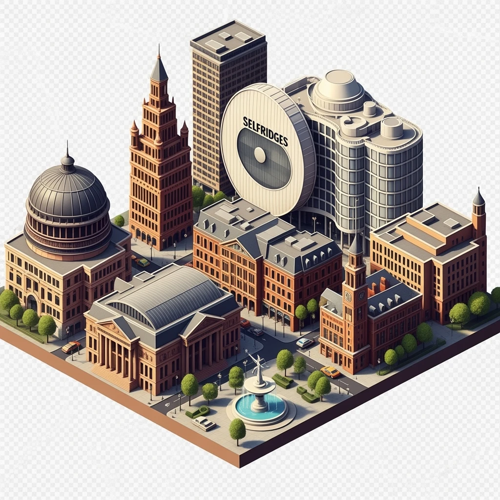 Isometric illustration of Birmingham, balanced between stylized and realistic, 3D miniature effect, transparent background. emoji