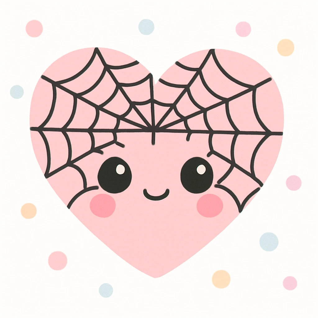 realistic gothic heart with a black spiderweb, kawaii style emoji