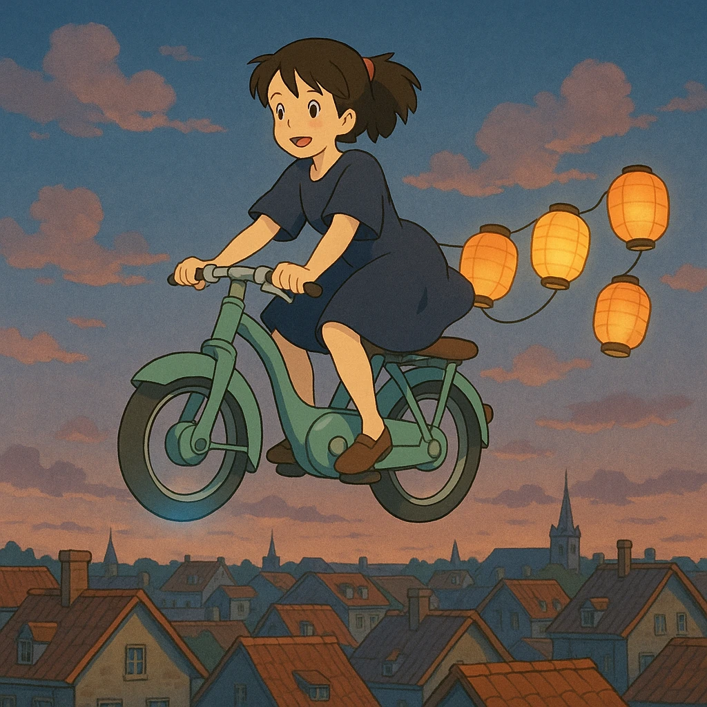 A girl riding a floating bike above the rooftops, with paper lanterns trailing behind.

 emoji