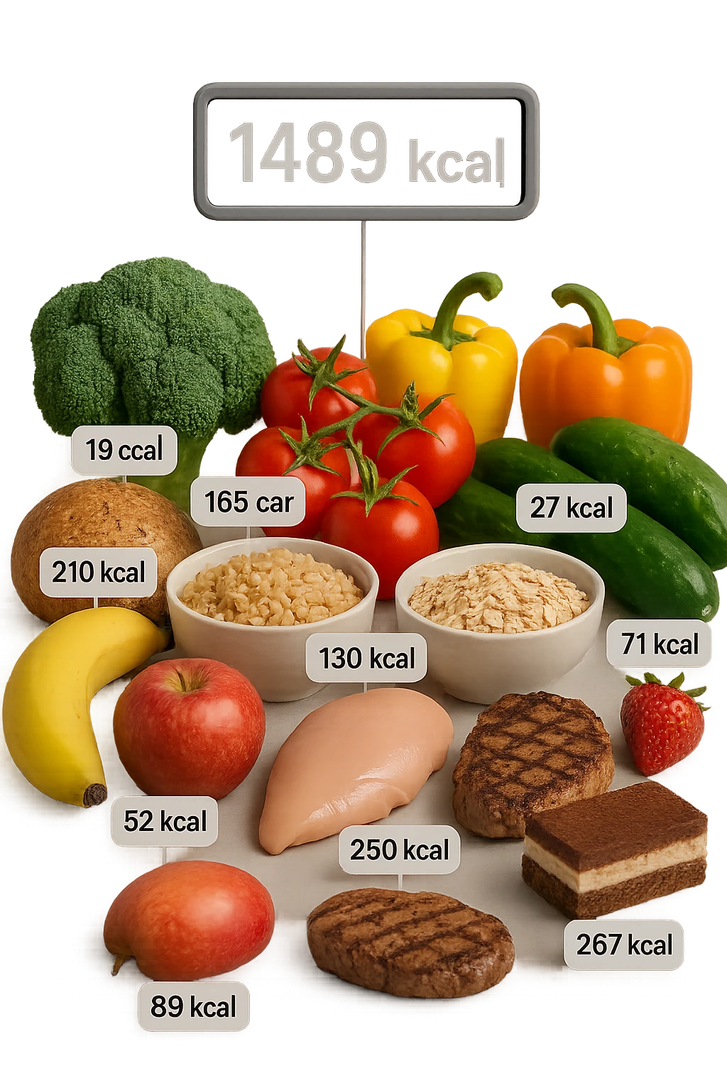 a digital calorie counter hovers above a variety of foods arranged on a table—fruits, vegetables, grains, meats, and desserts. Each food has a floating label showing its calorie content. The background is clean and modern, emphasizing the educational aspect of calorie awareness. scritto in italiano emoji