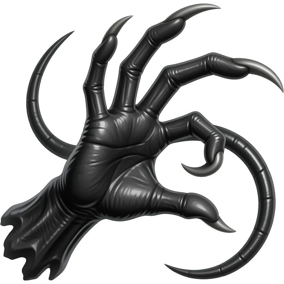 Long dark Demonic hand with sharp claws. Make the hand reach out to attack and slash towards the right of the image violently. Shift the perspective to a side profile to show the curvature and length of the claws more clearly. emoji