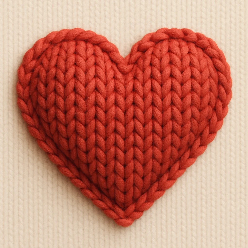 a red heart in knitted patch style, vibrant red yarn, with visible knit texture and a cute stitched border emoji
