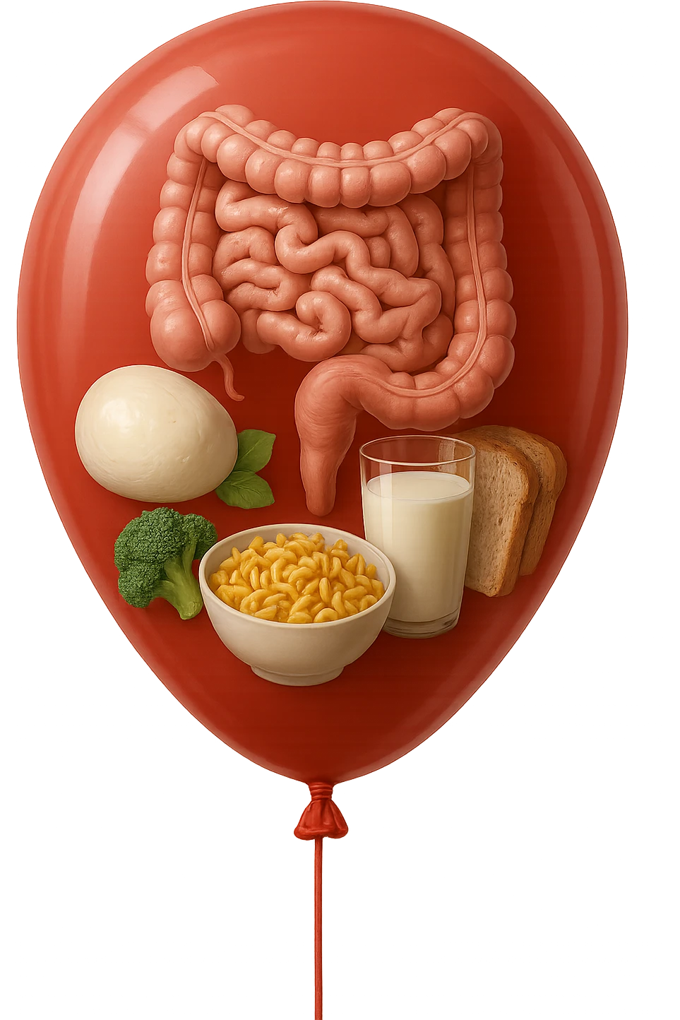 PALLONCINO ROSSO CON DENTRO UN INTESTINO UMANO, UNA MOZZARELLA, UN BICCHIERE DI LATTE, UNA BOWL DI PASTA, QUALCHE BROCCOLO, QUALCHE FETTINA DI PANE emoji