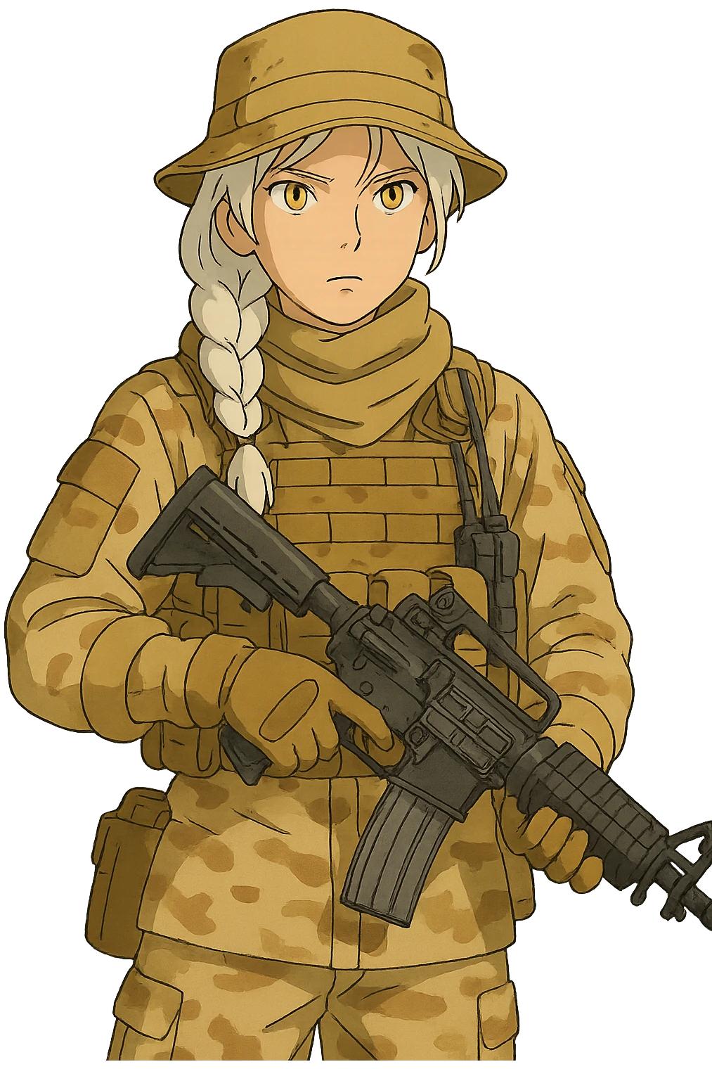 1 female, gold yellow eyes, long white hair, braid, sandstorm soldier, pmc emoji