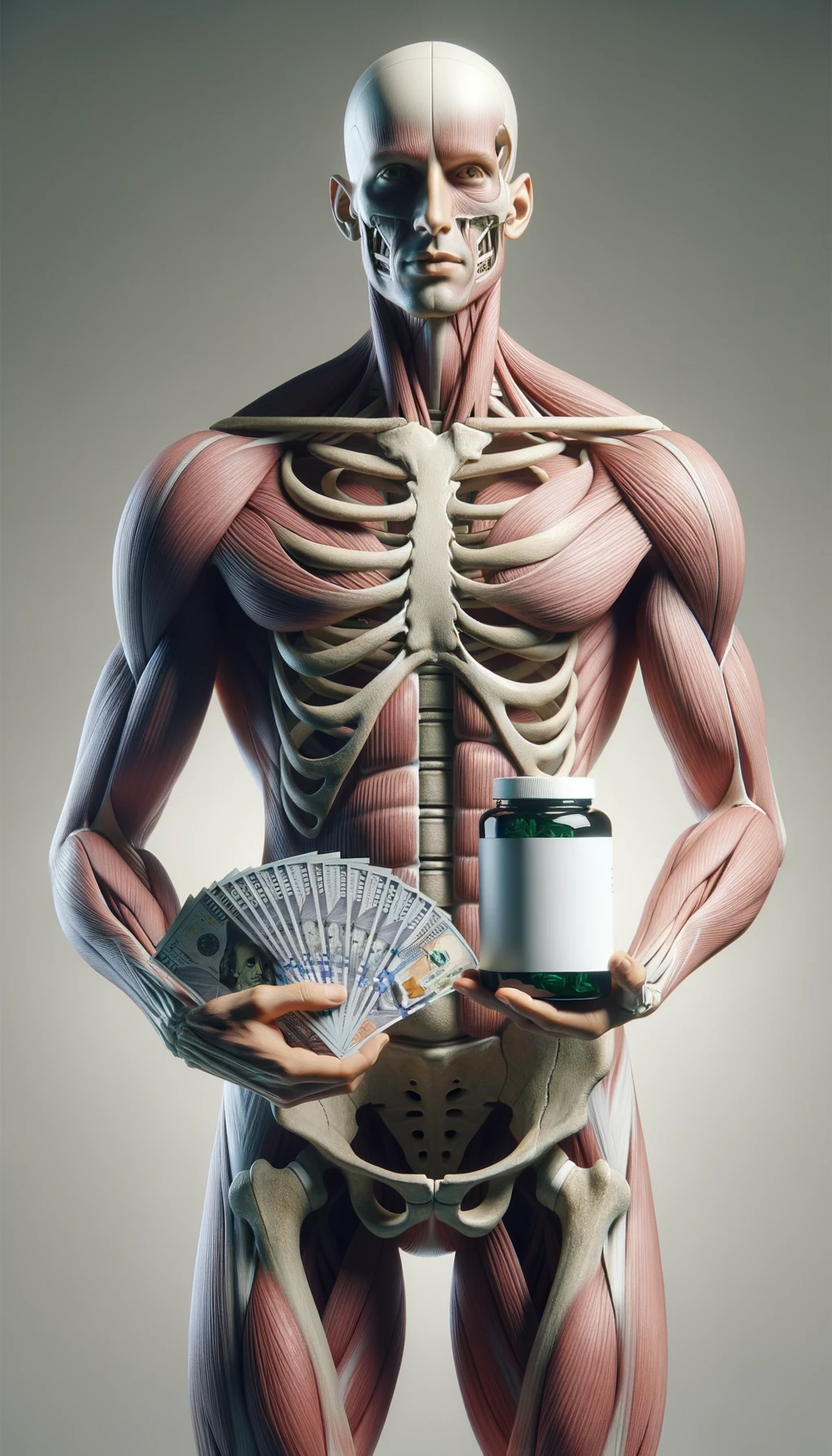 corpo umano anatomico che tiene nella mano destra una boccetta di integratore e nella mano sinistra delle banconote, sfondo neutro chiaro emoji