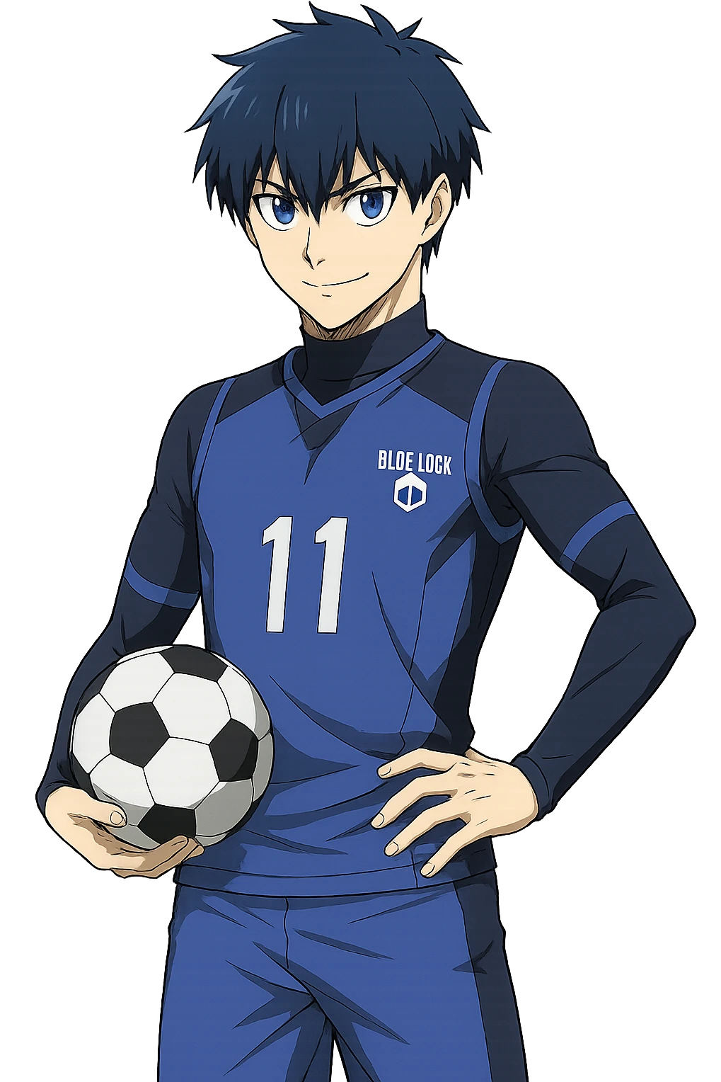 Yoichi Isagi from Blue Lock, anime style, blue hair, holding a soccer ball, confident stance, no background emoji