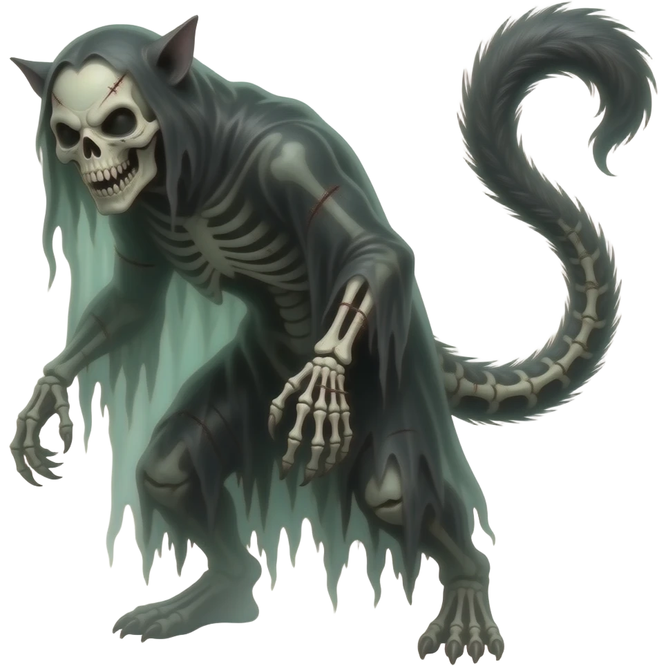 spooky dark bleak blackish swampy white-skeletal gloomy ghostly dark greyish dark-deep-greenish foggy eldritch beautiful realistic edgy fantasy ghoul-like stitched vernid-sergal-fursona animal creature with a tufted tail full bod emoji