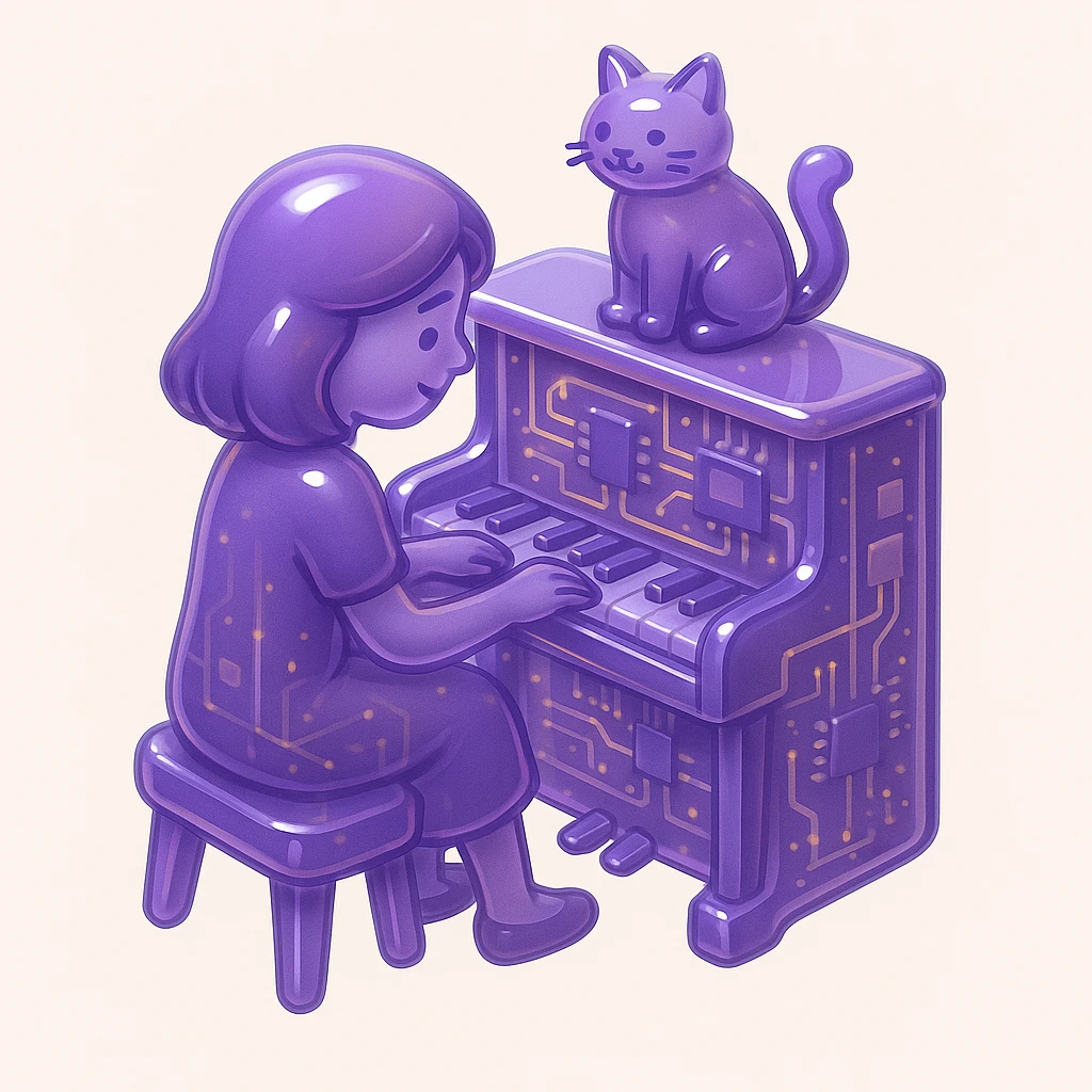 woman playing piano while her cat sits on top of the piano emoji