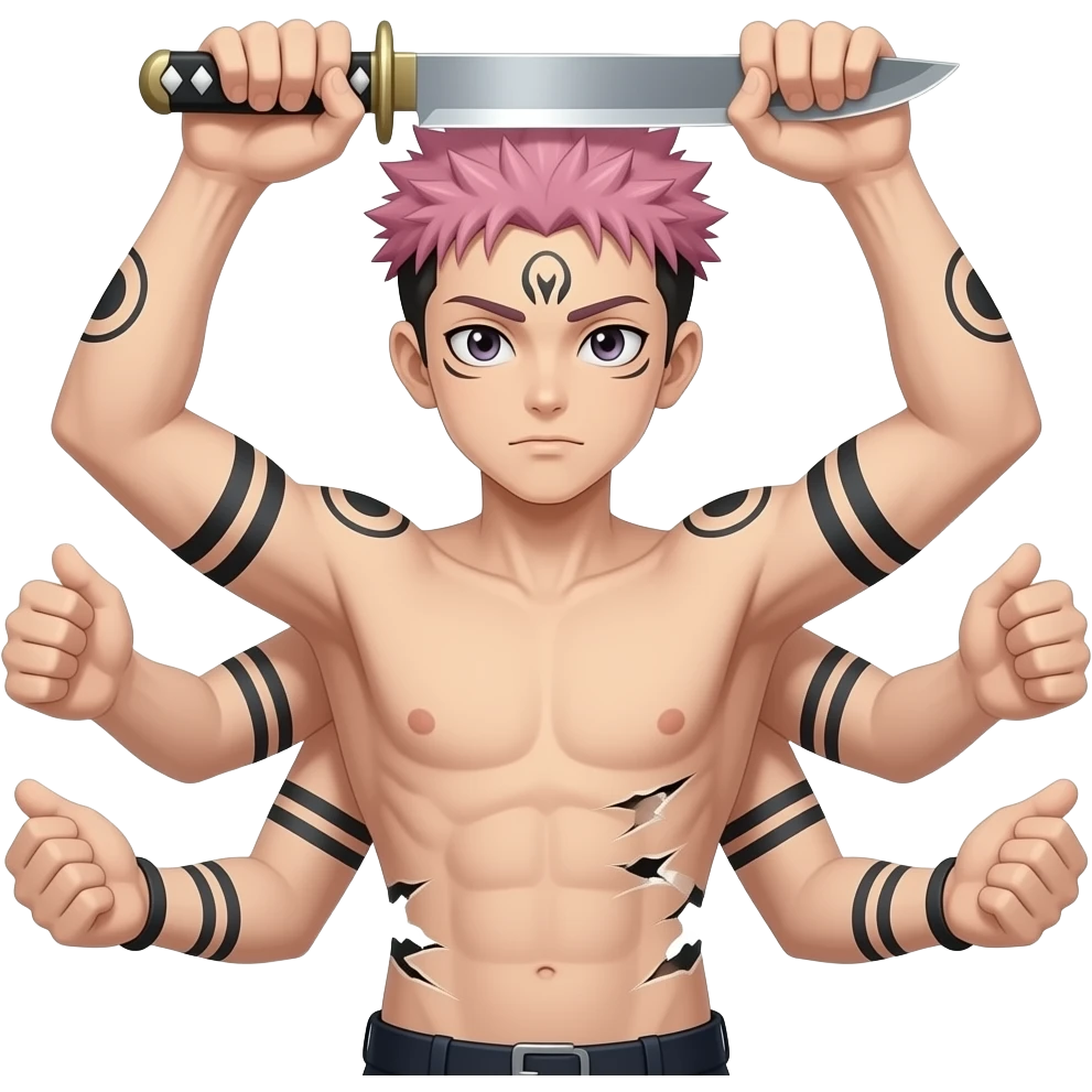 Sukuna the pink haired add a knife with a ball on the bottom of handle, a ball on the top then a knife ONTOP of that ball with also it has arm tattoos in circles on wrist and shoulders. Also no shirt and shredded abs4 arms and 4 eyes boy looks like yuji ITADORI but slicked back hair emoji